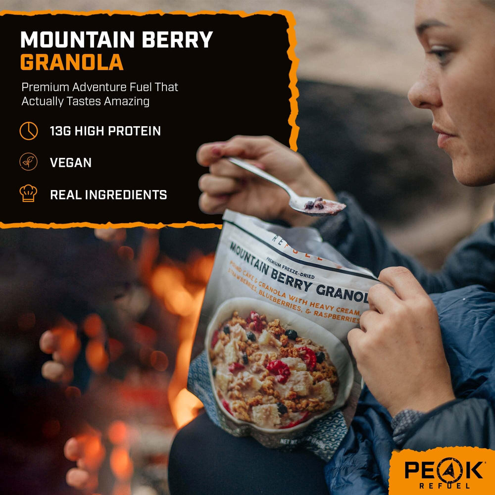 Peak Refuel open pouch revealing granola and freeze-dried berry pieces for quick meals