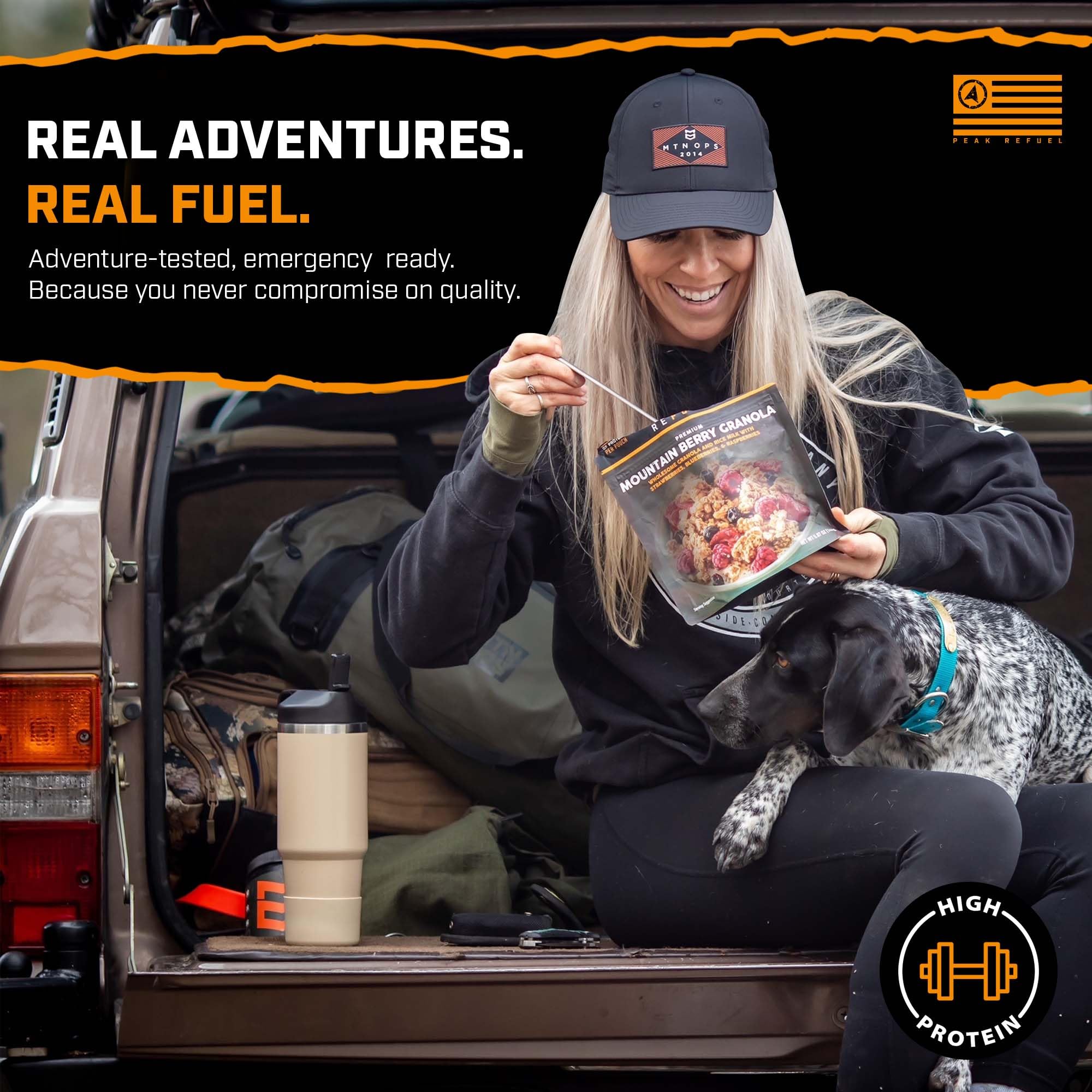 Peak Refuel two pouches beside backpack gear illustrating trail-ready portioning