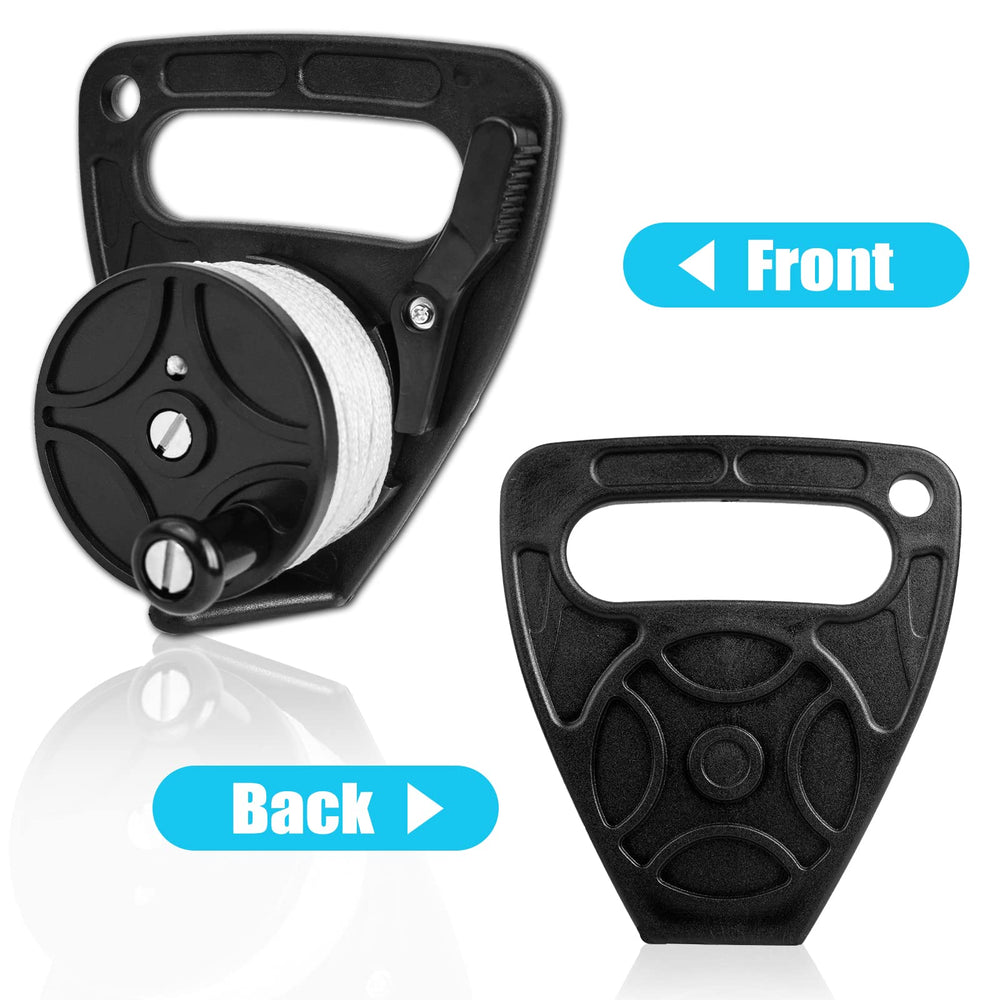 Pecihiko reel beside dive computer showing compact size and easy packability