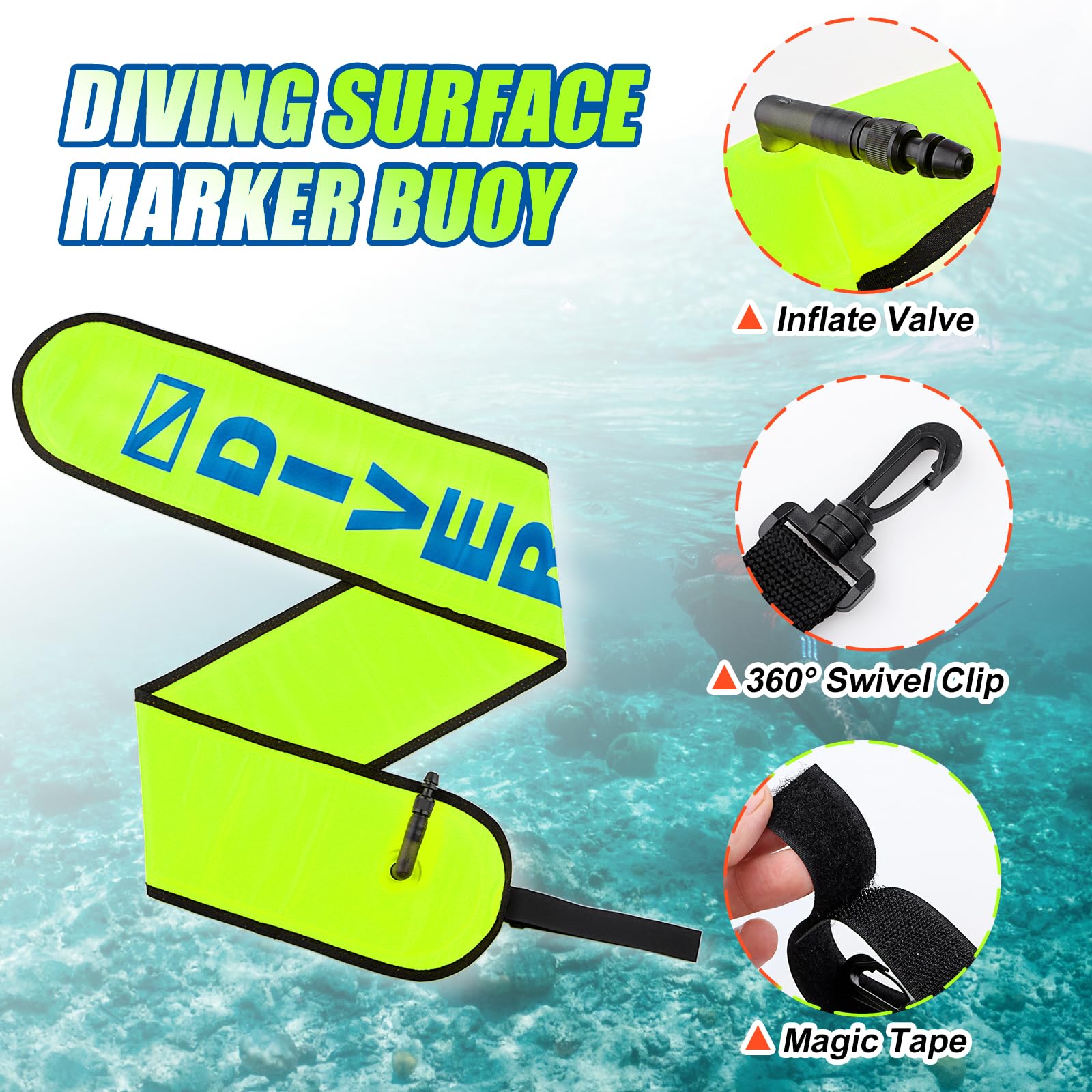 Pecihiko SMB inflated at surface improving diver visibility