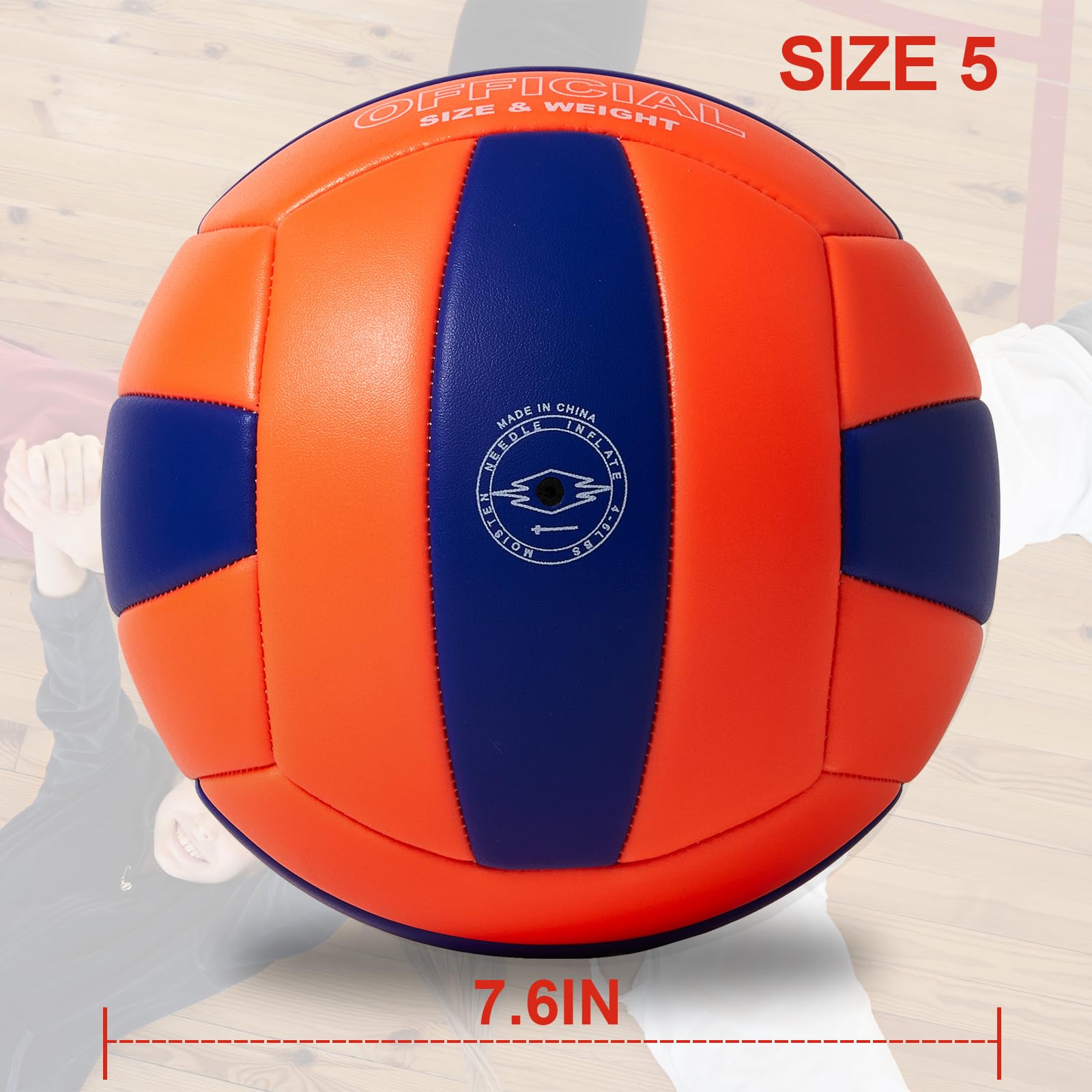 PECOGO volleyball held in hand for scale, showing official size 5 benefit