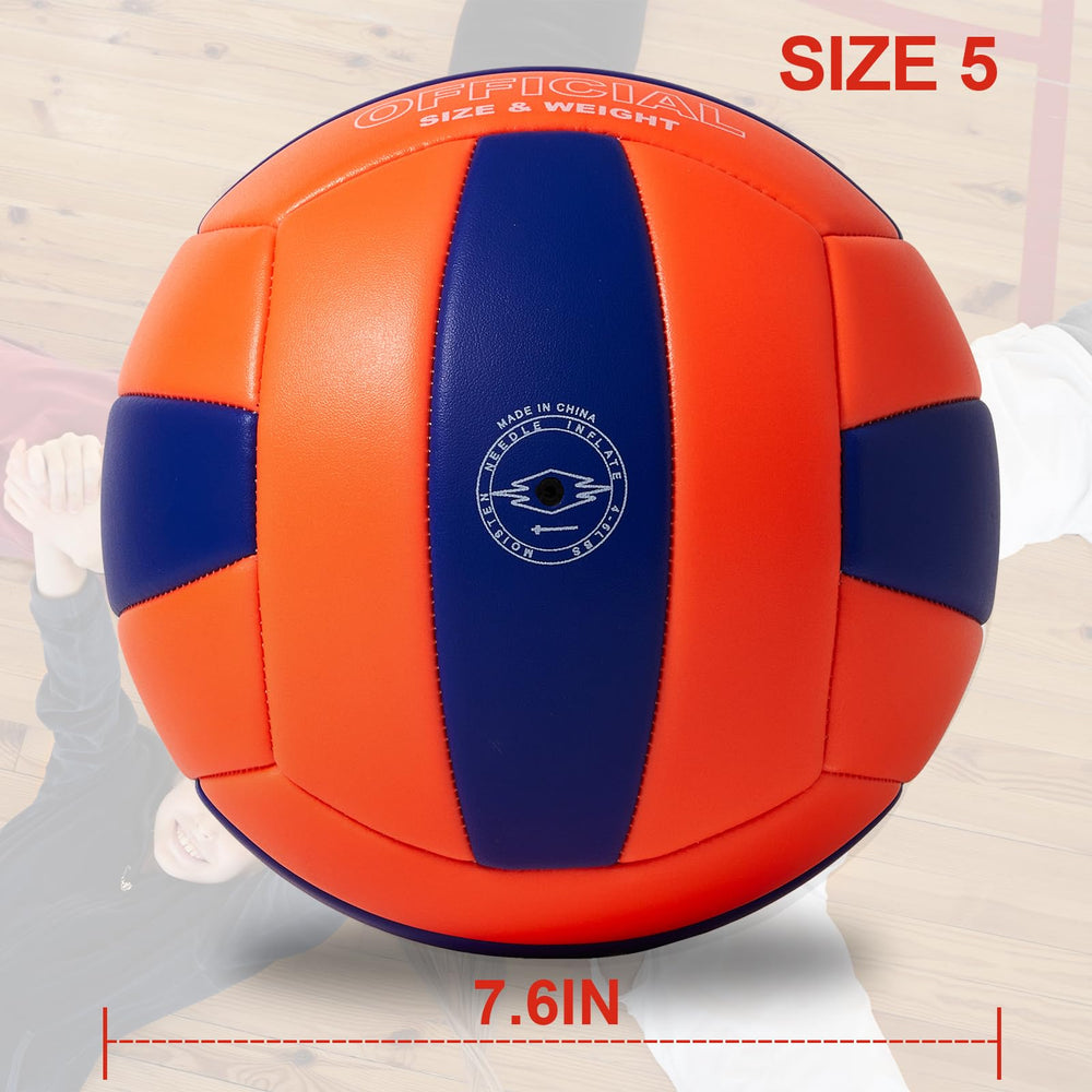 PECOGO volleyball held in hand for scale, showing official size 5 benefit