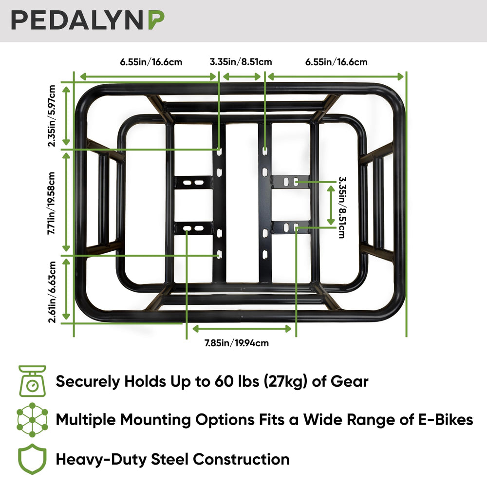 Pedalyn rack next to backpack showing size and 60 lb capacity scale