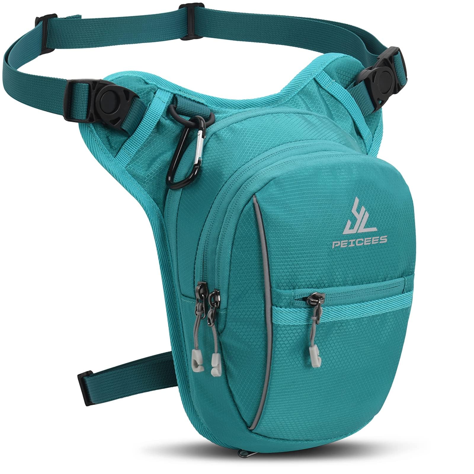 Peicees front view lake blue leg bag showing pocket layout and durable build benefit
