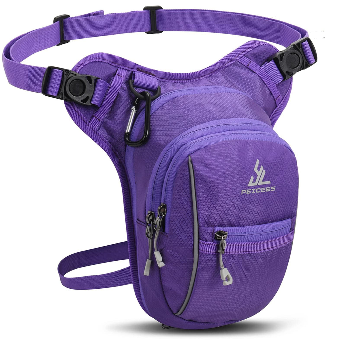 Peicees front view of purple leg bag showing compartments and quick access benefits