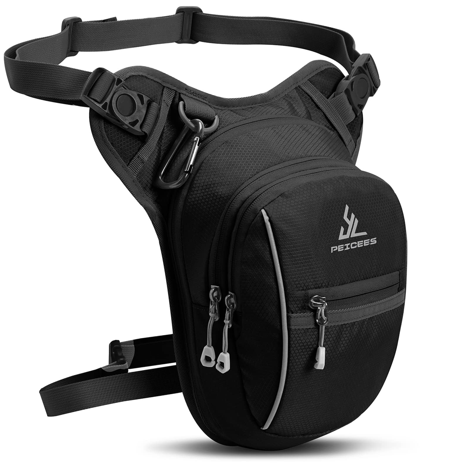 Peicees leg bag front view showing pocket layout and quick access benefit