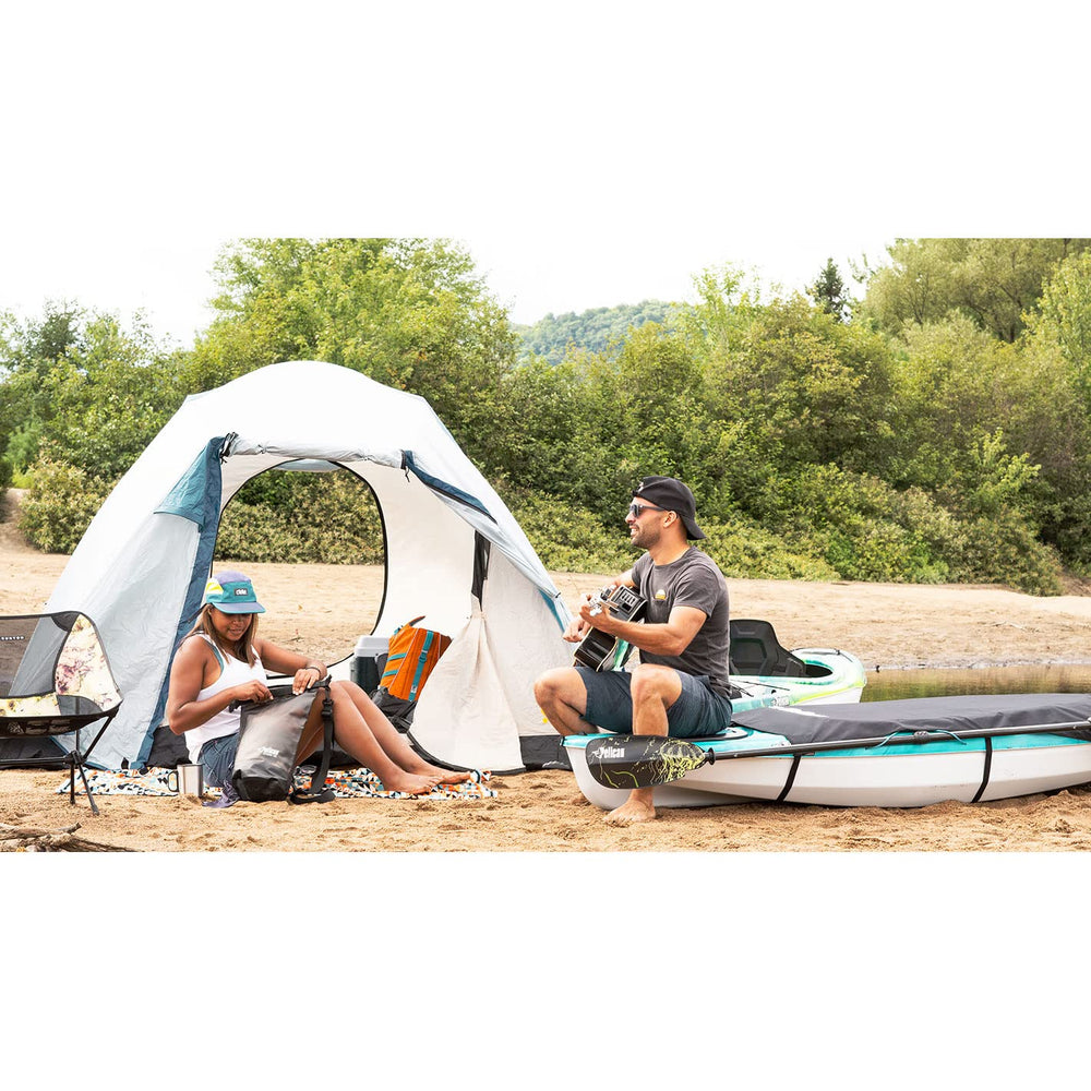Pelican ExoDry attached to kayak with carabiner showing secure gear attachment