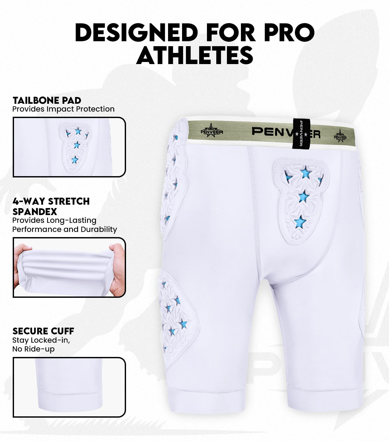 Penveer close-up of plastic-reinforced thigh pad offering durable impact resistance