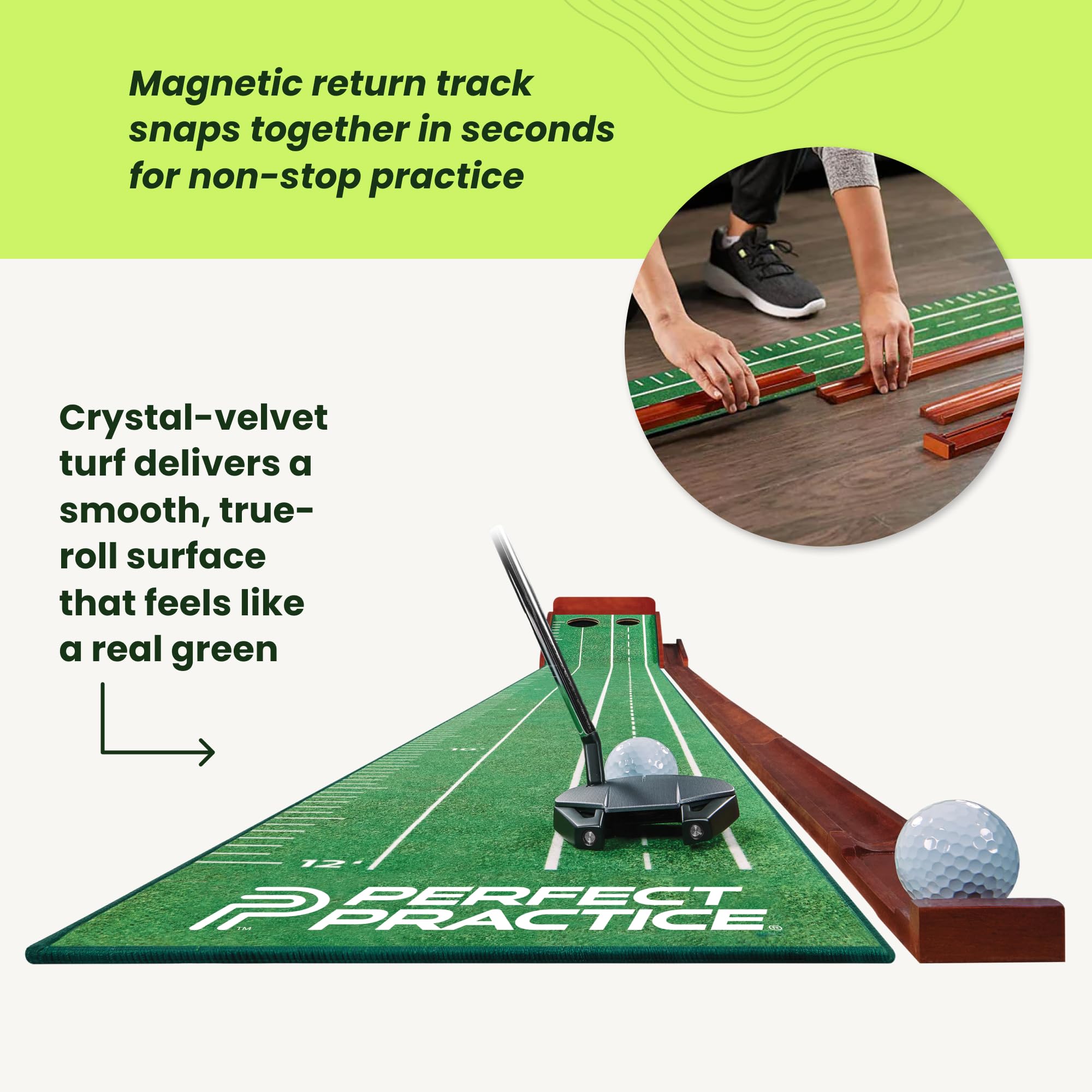 Perfect Practice putting mat set up in a home office demonstrating space-efficient indoor practice