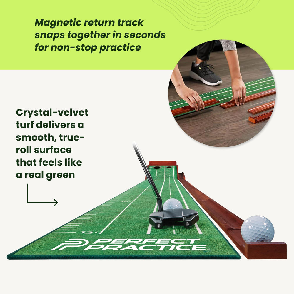 Perfect Practice putting mat set up in a home office demonstrating space-efficient indoor practice