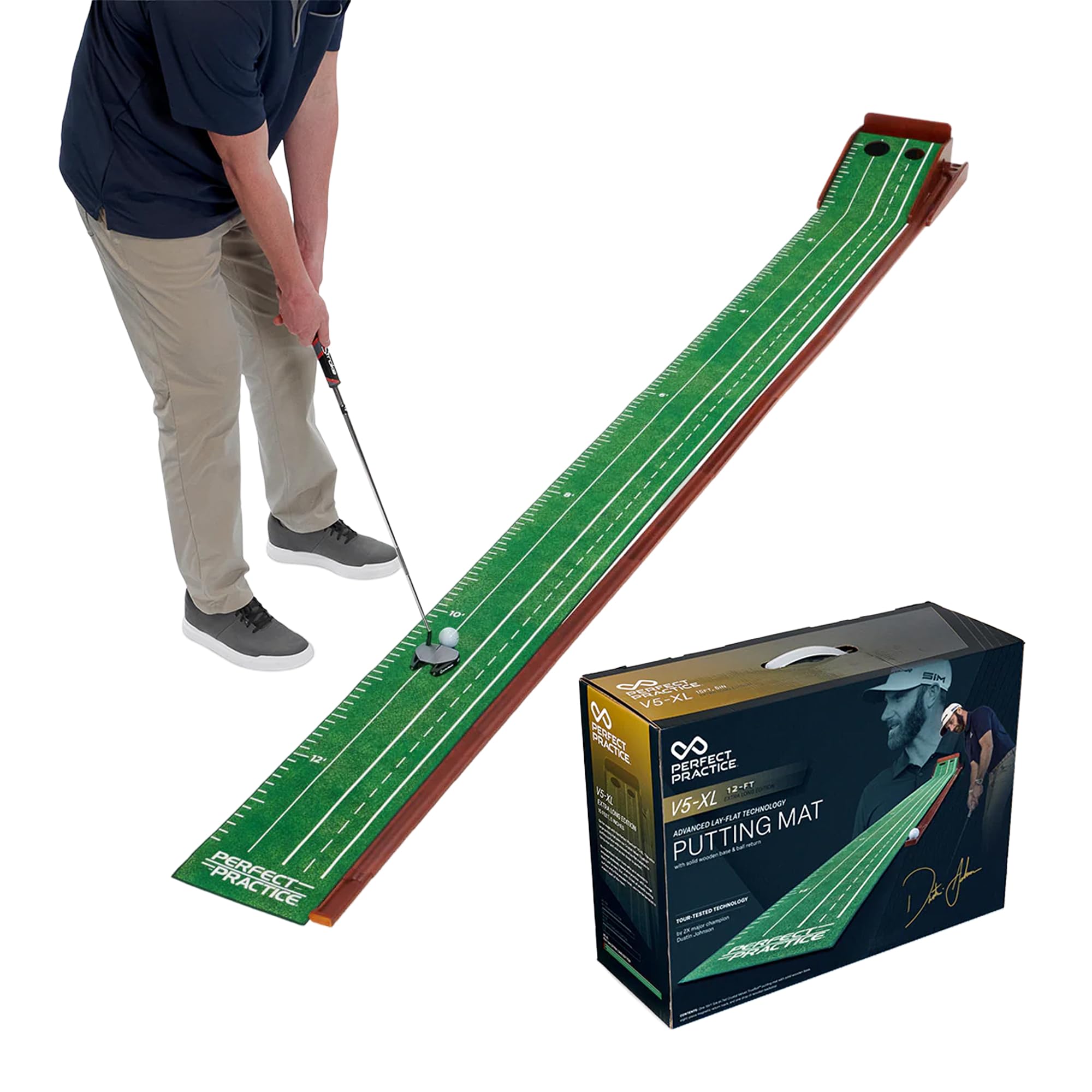 Perfect Practice front view of 12-foot putting mat showing full length and cups for consistent practice