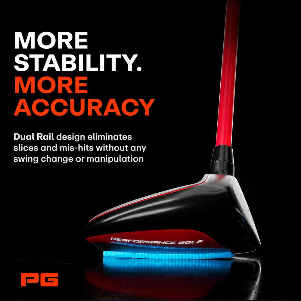 Performance Golf 357 striking ball from turf demonstrating launch benefit
