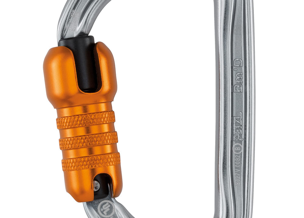Petzl Bm'D open gate detail showing 18mm clearance for easy device passage