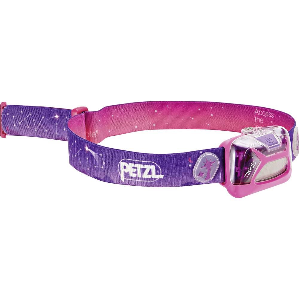 Petzl TIKKID pink headlamp front view showing strap and lamp for easy child use