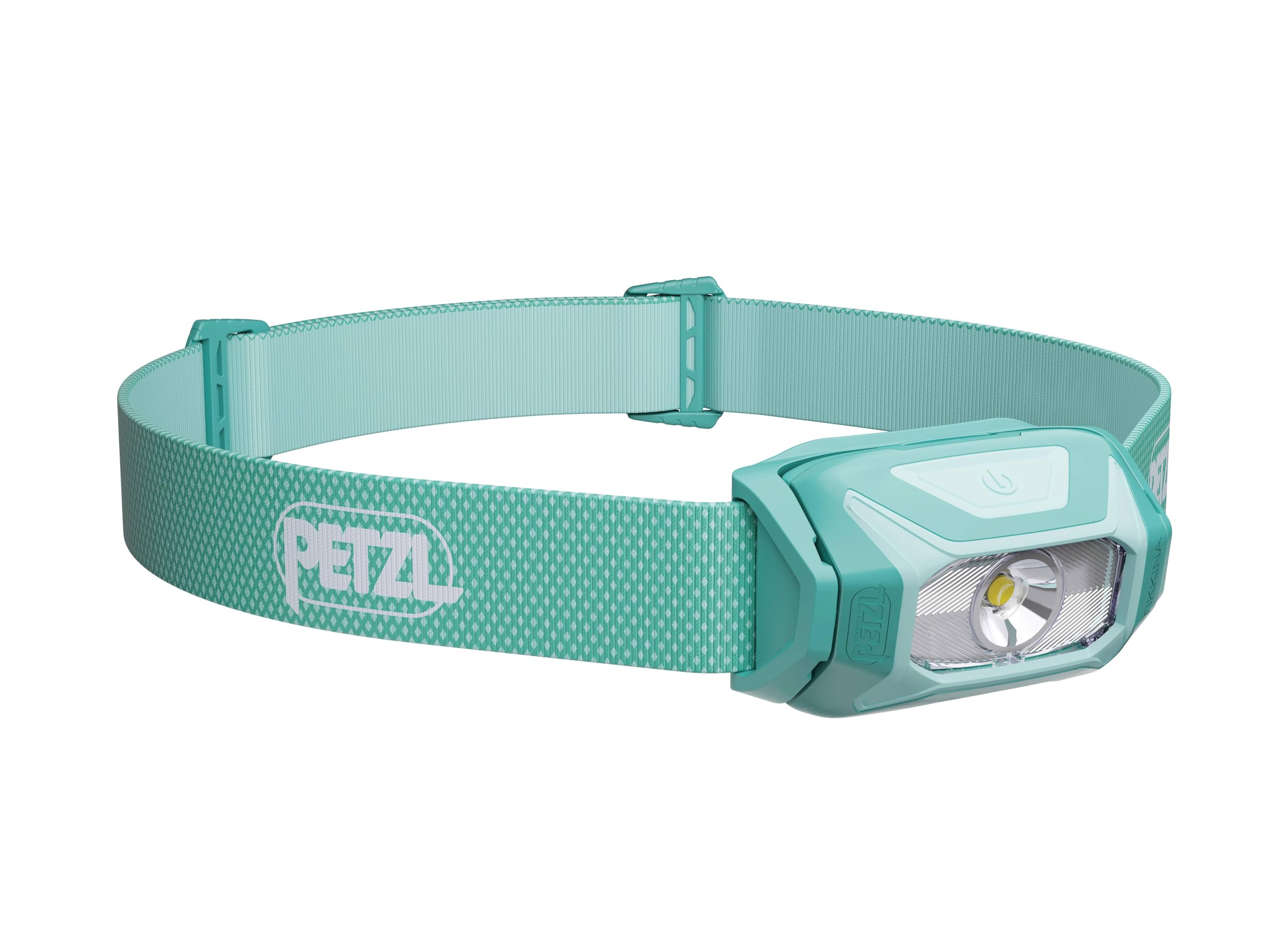 PETZL TIKKINA front view in green showing compact lamp and uniform beam benefit