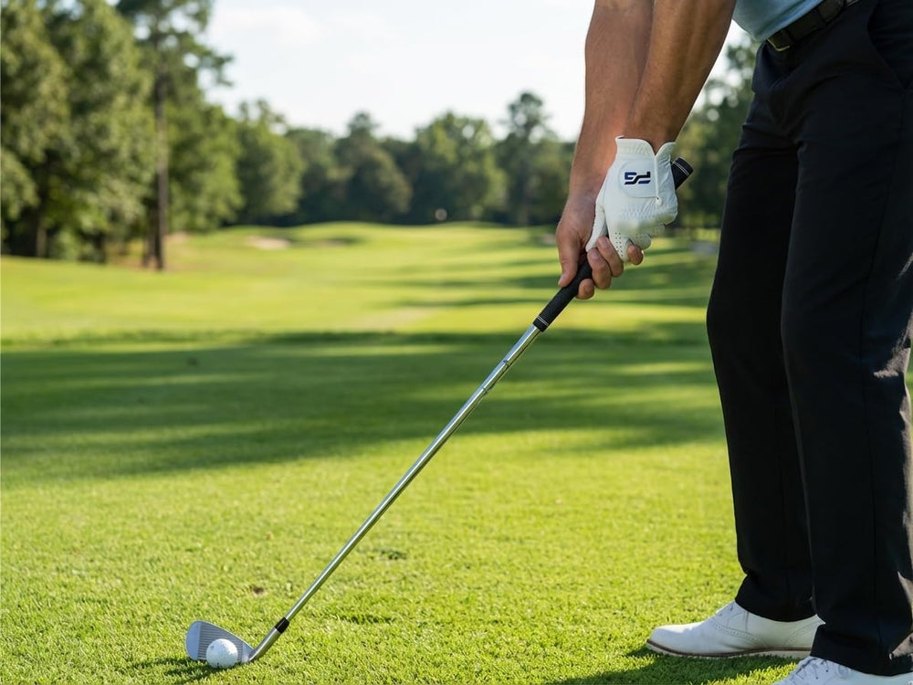 PG Golf glove worn on left hand during swing demonstrating improved club control