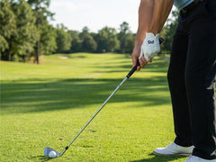 PG Golf glove worn on left hand during swing demonstrating improved club control