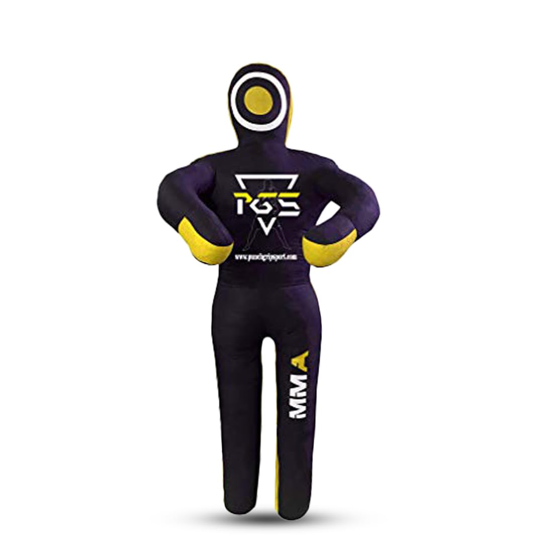PGS grappling dummy front view showing full black yellow body and proportions for training