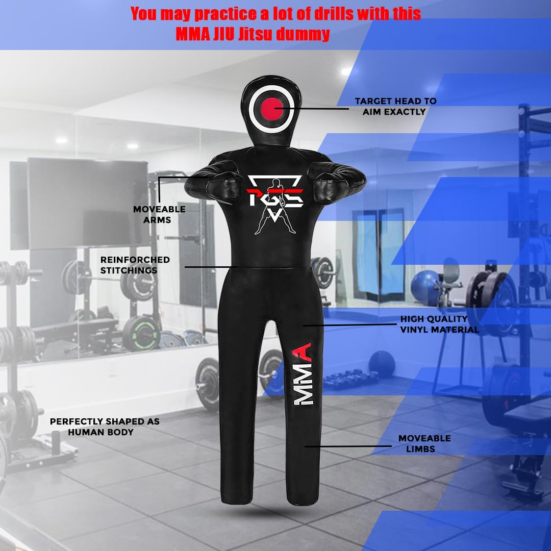 PGS grappling dummy in gym setting demonstrating solo drilling and practice