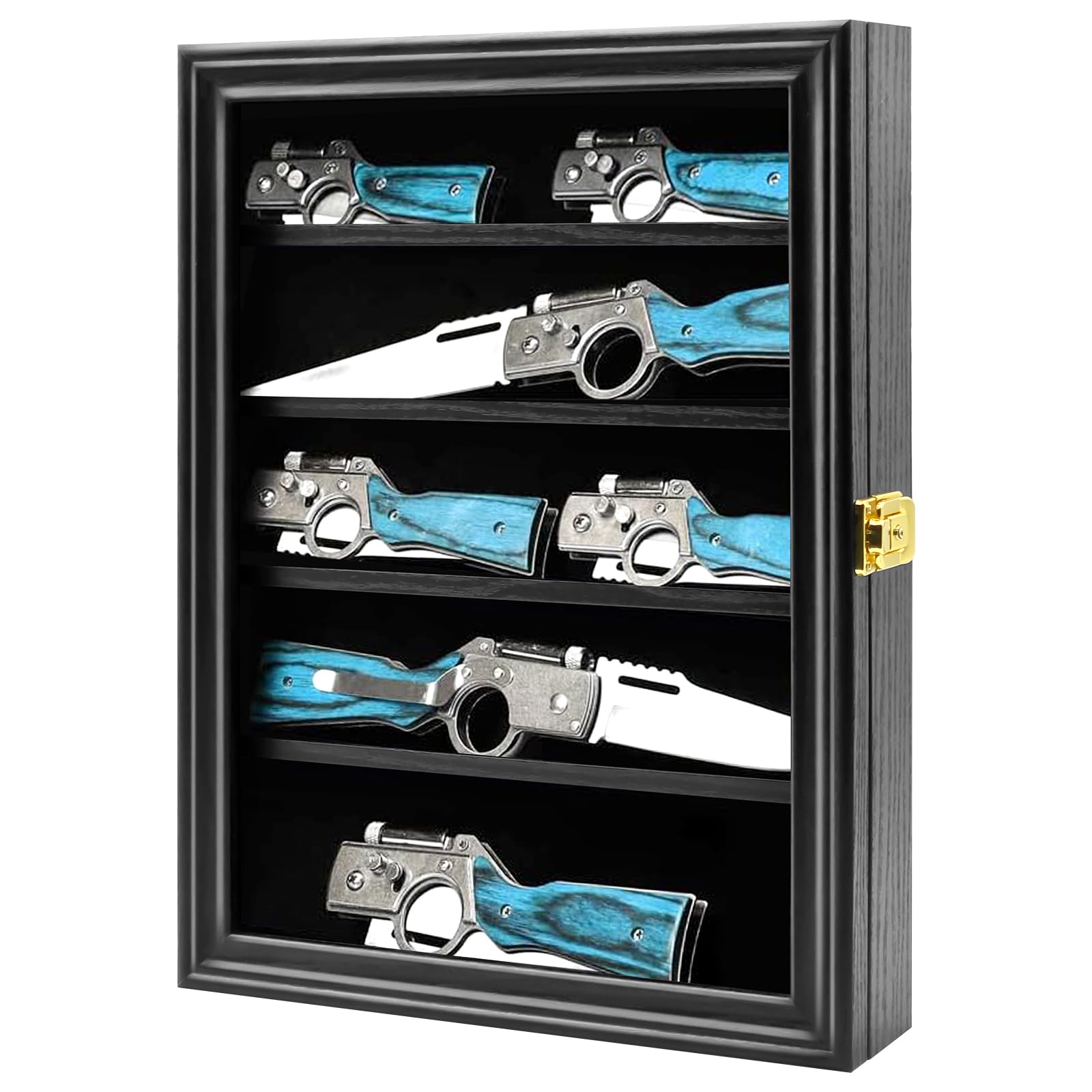 PiaoHao front view of black knife display case showing locked acrylic door and sleek finish