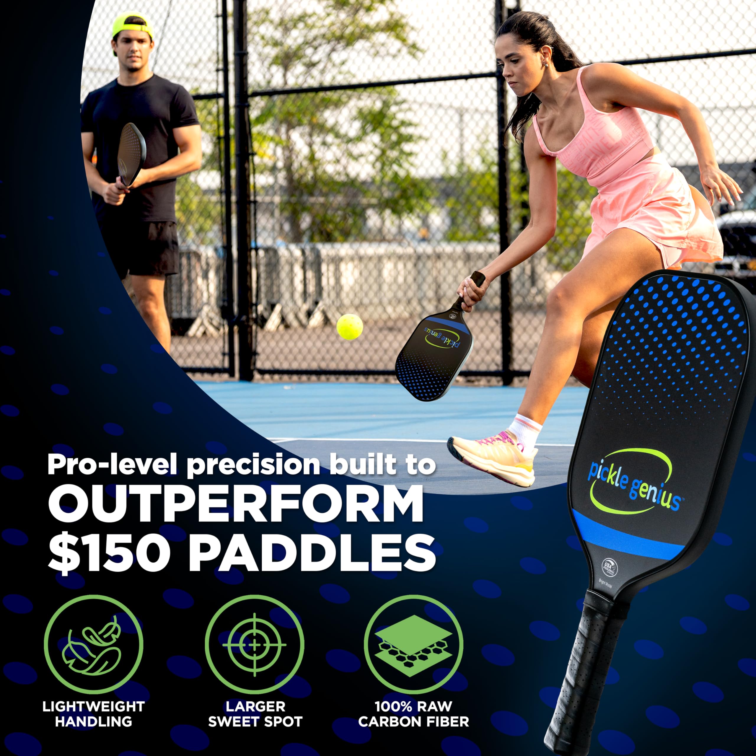 Pickle Genius paddle beside a pickleball showing scale and balance