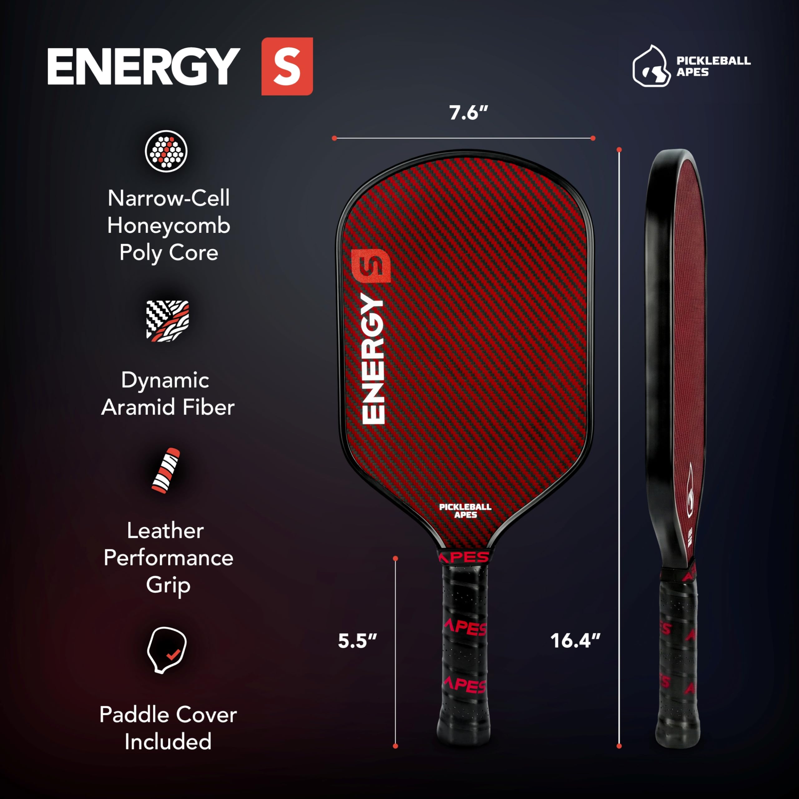 Pickleball Apes paddle edge thickness detail showing 6.5mm profile benefit: consistent rebound