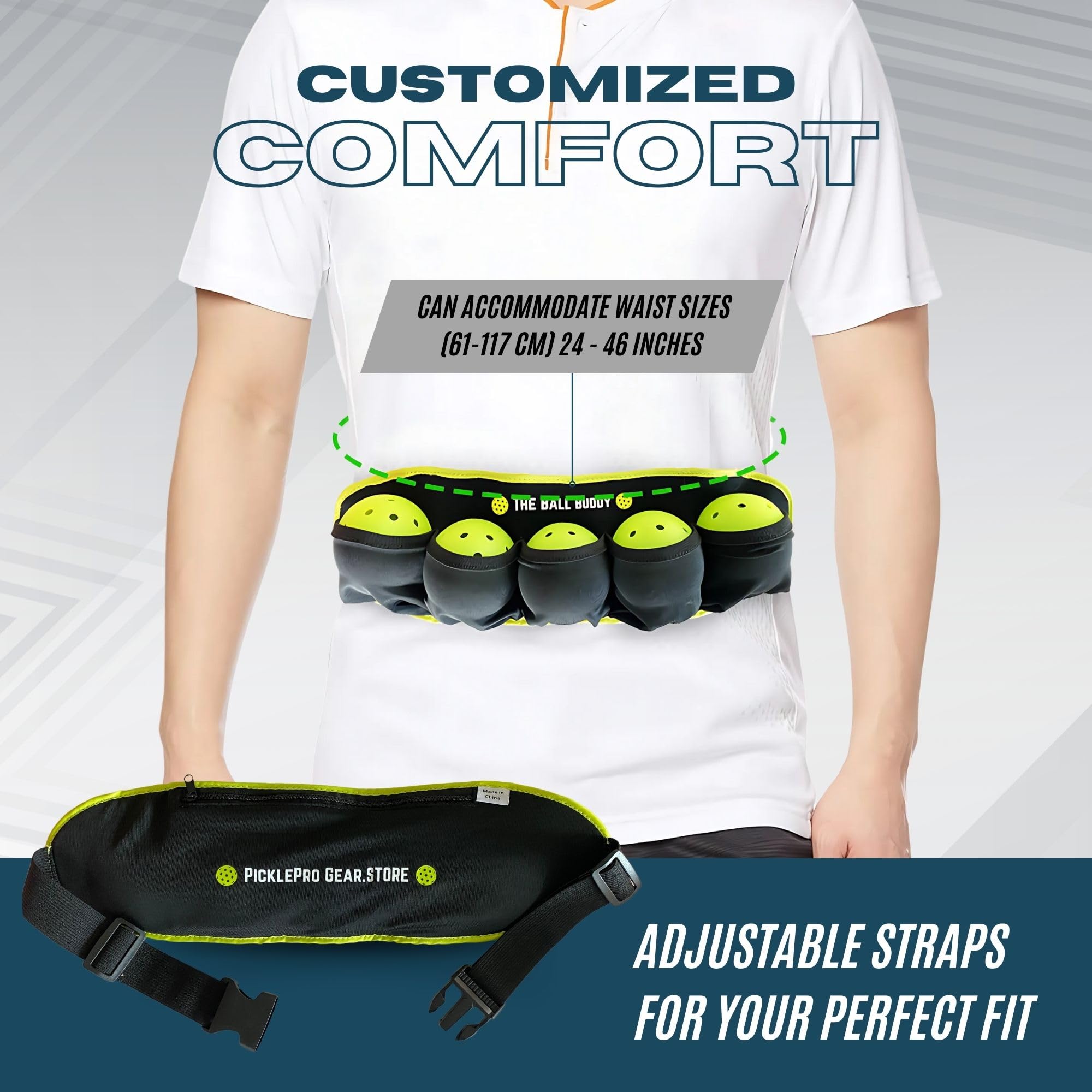 PickleProGear full kit laid out showing Ball Buddy, five balls, and keychain
