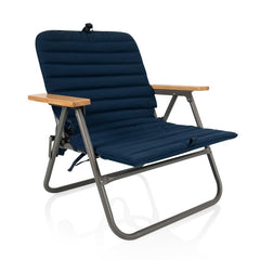 PICNIC TIME front view of padded beach chair showing navy cover and wood armrests for stylish comfort