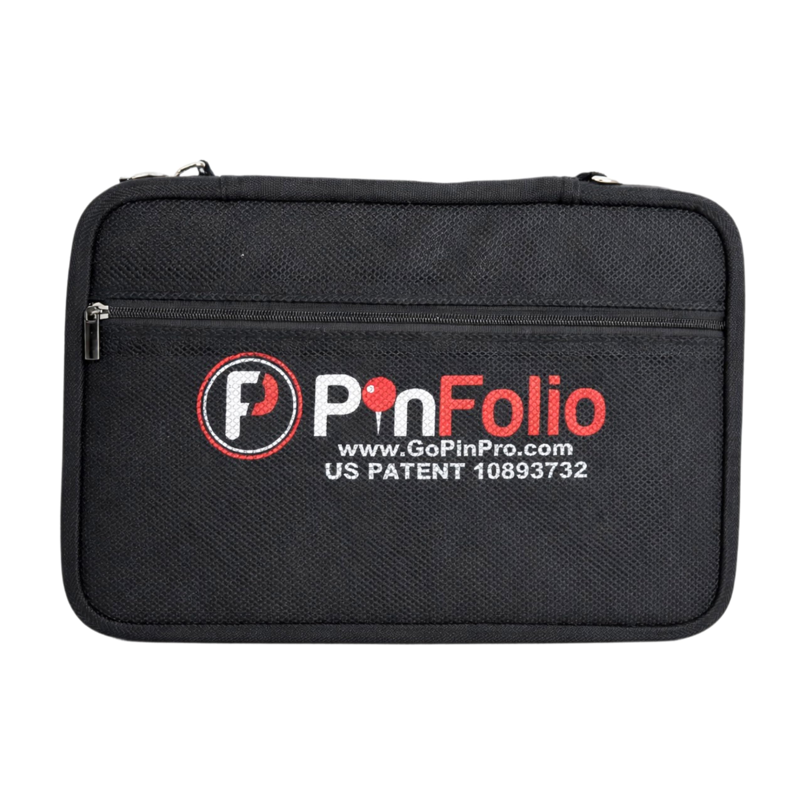 PinFolio front cover showing slim travel-ready pin book and durable zip closure
