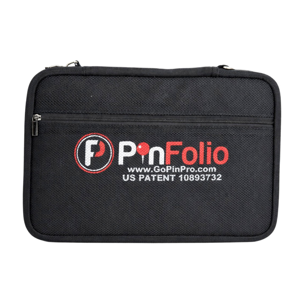 PinFolio front cover showing slim travel-ready pin book and durable zip closure