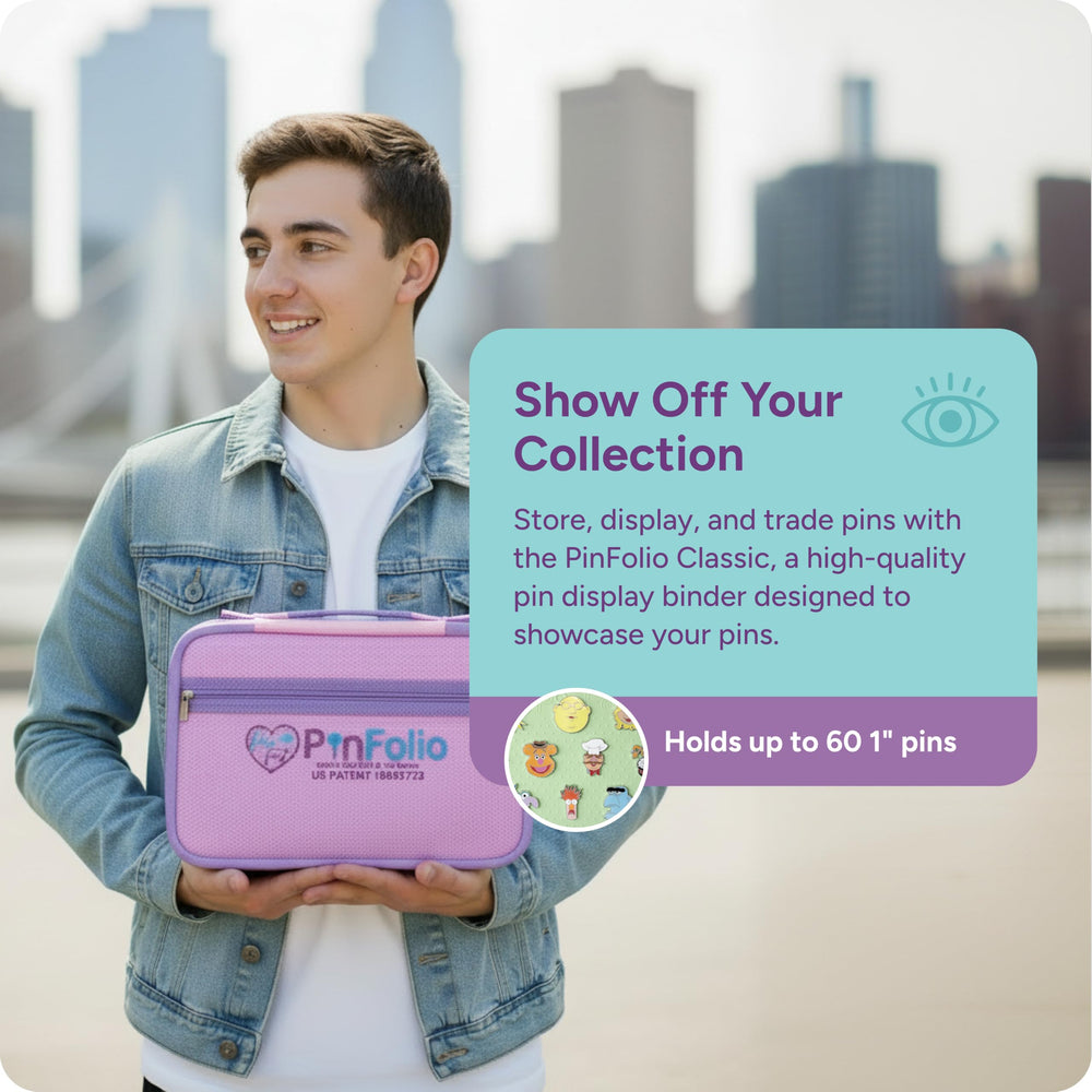 PinFolio open displaying sixty 1-inch enamel pins neatly arranged for quick viewing