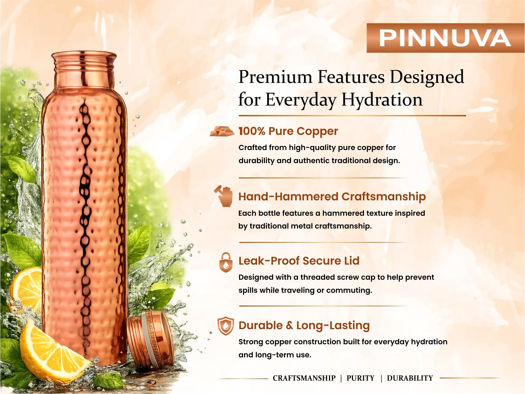 PINNUVA bottle held next to hand showing 32oz scale and convenient capacity benefit