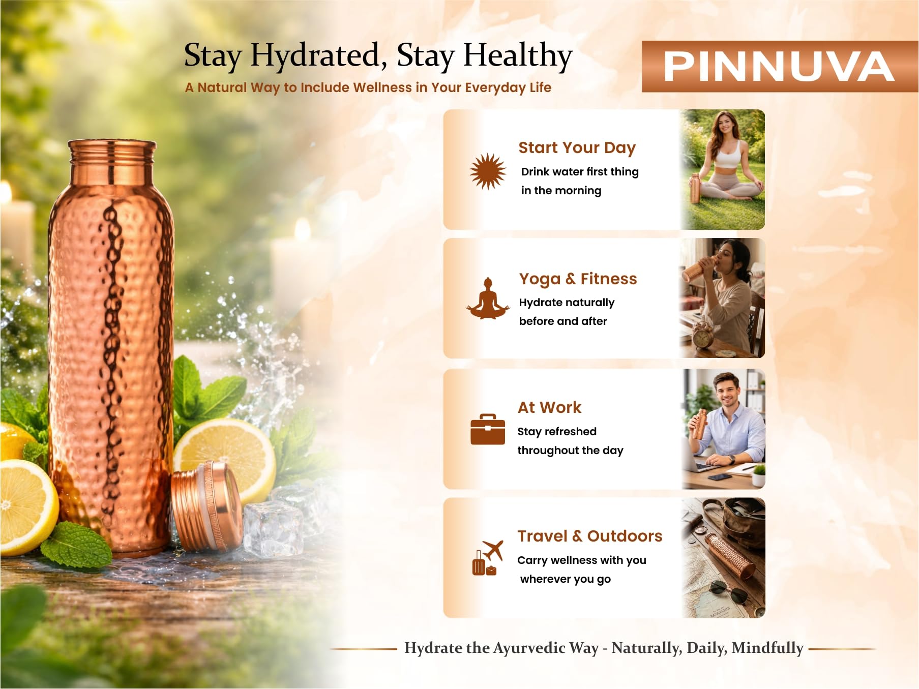 PINNUVA handcrafted copper texture close-up showing artisan detail and premium feel