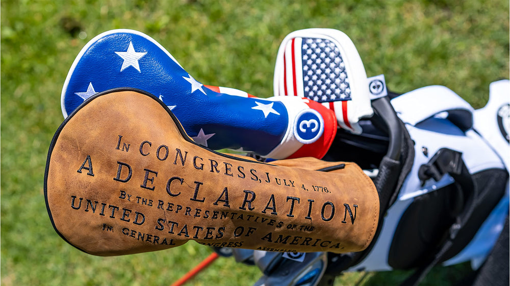 Pins & Aces head cover on golf bag showing ease of use and elevated bag appearance