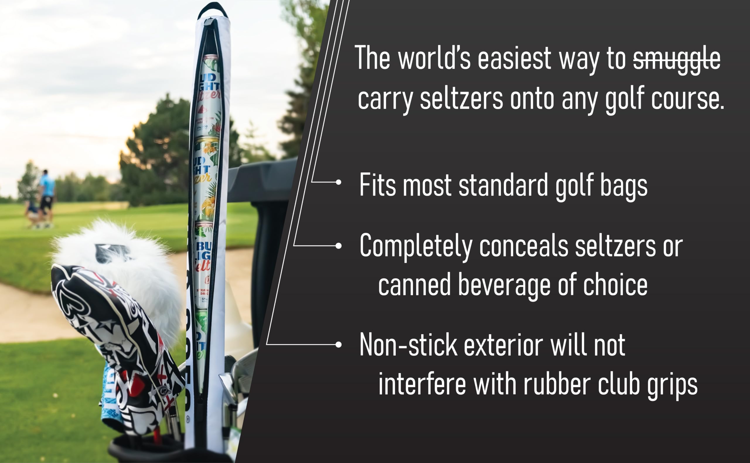 Pins & Aces sleeve placed on a fairway with golfer enjoying a cold drink