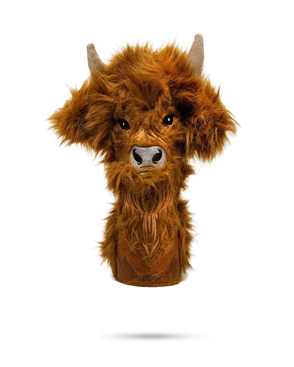 Pins & Aces front view of Highland Cow head cover showing plush charm and protection