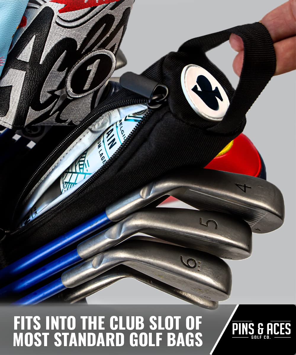 Pins & Aces sleeve tucked into a golf bag pocket for organized storage benefit