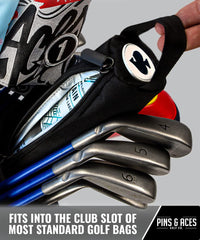Pins & Aces sleeve tucked into a golf bag pocket for organized storage benefit