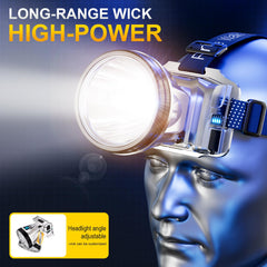 PINSAI headlamp beam reaching distant target, demonstrates 500m spotlight range