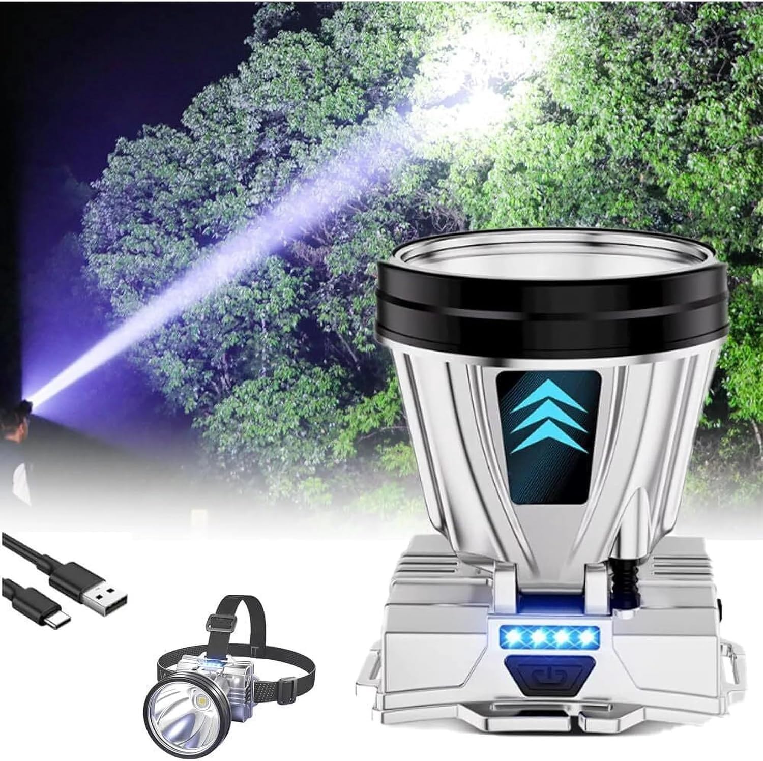 PINSAI front view of headlamp showing lens and headband, reliable hands-free brightness