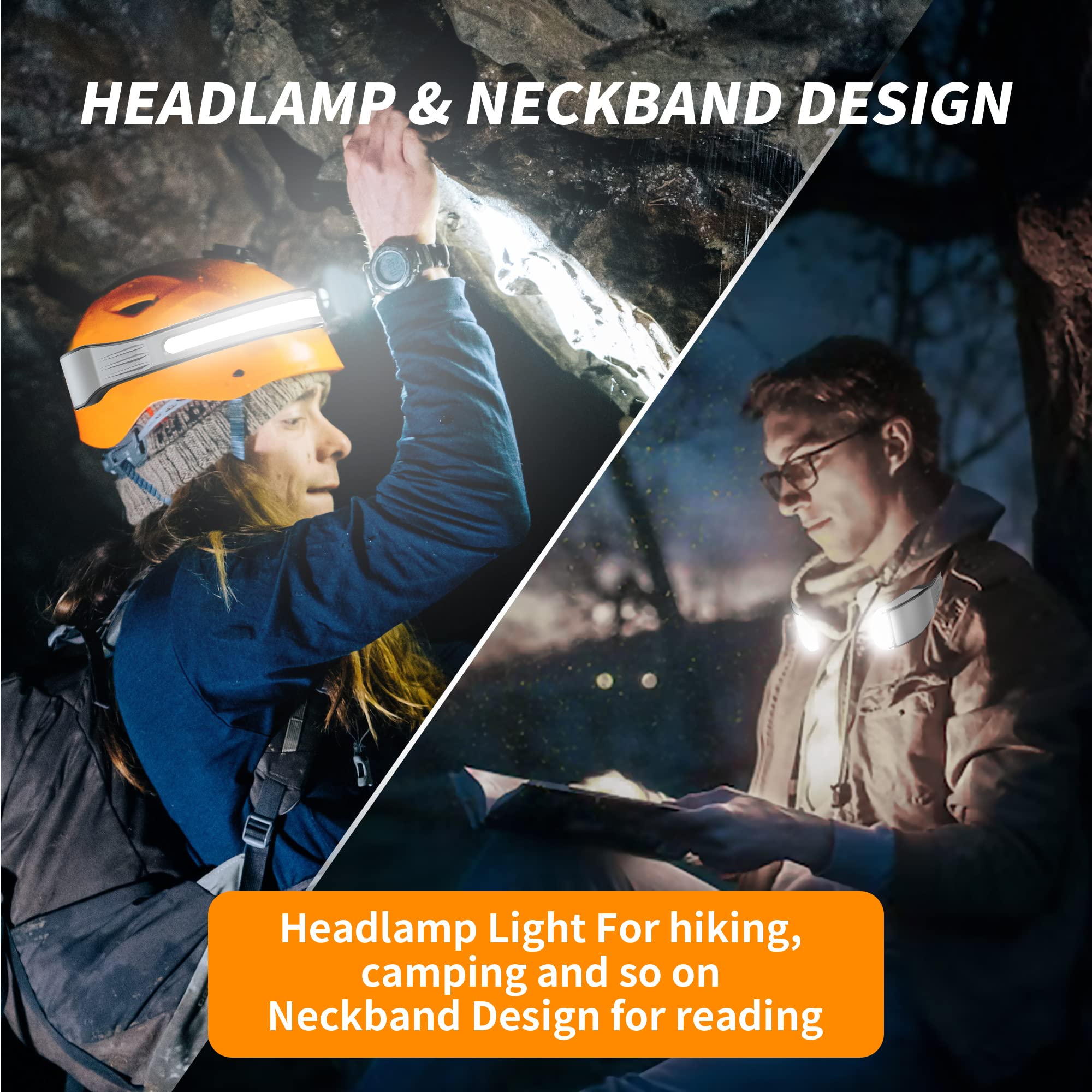 PINSAI headlamp in a camping setting illuminating tent and campsite for practical outdoor use