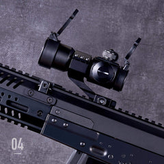 Pinty close-up of adjustment knobs and illuminated red green reticle for fast aiming