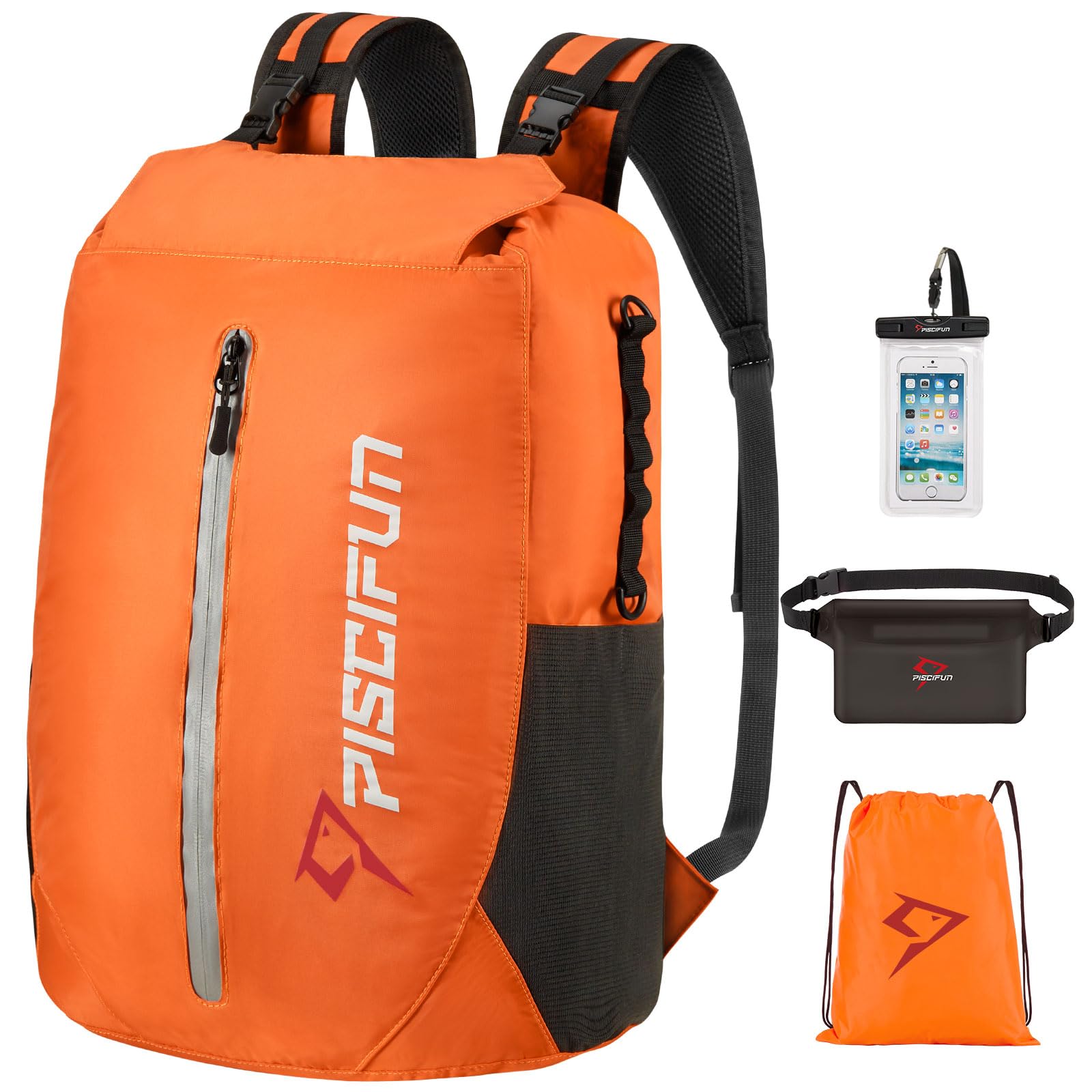 Piscifun front view of orange 20L dry backpack showing secure roll-top benefit