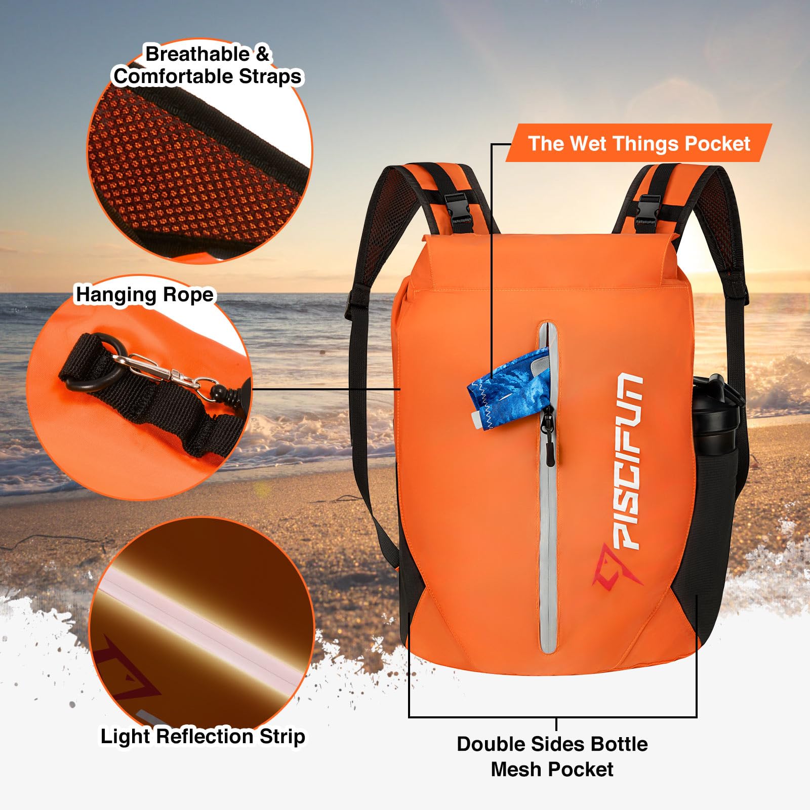 Piscifun front wet pocket zipper open showing separate wet storage benefit