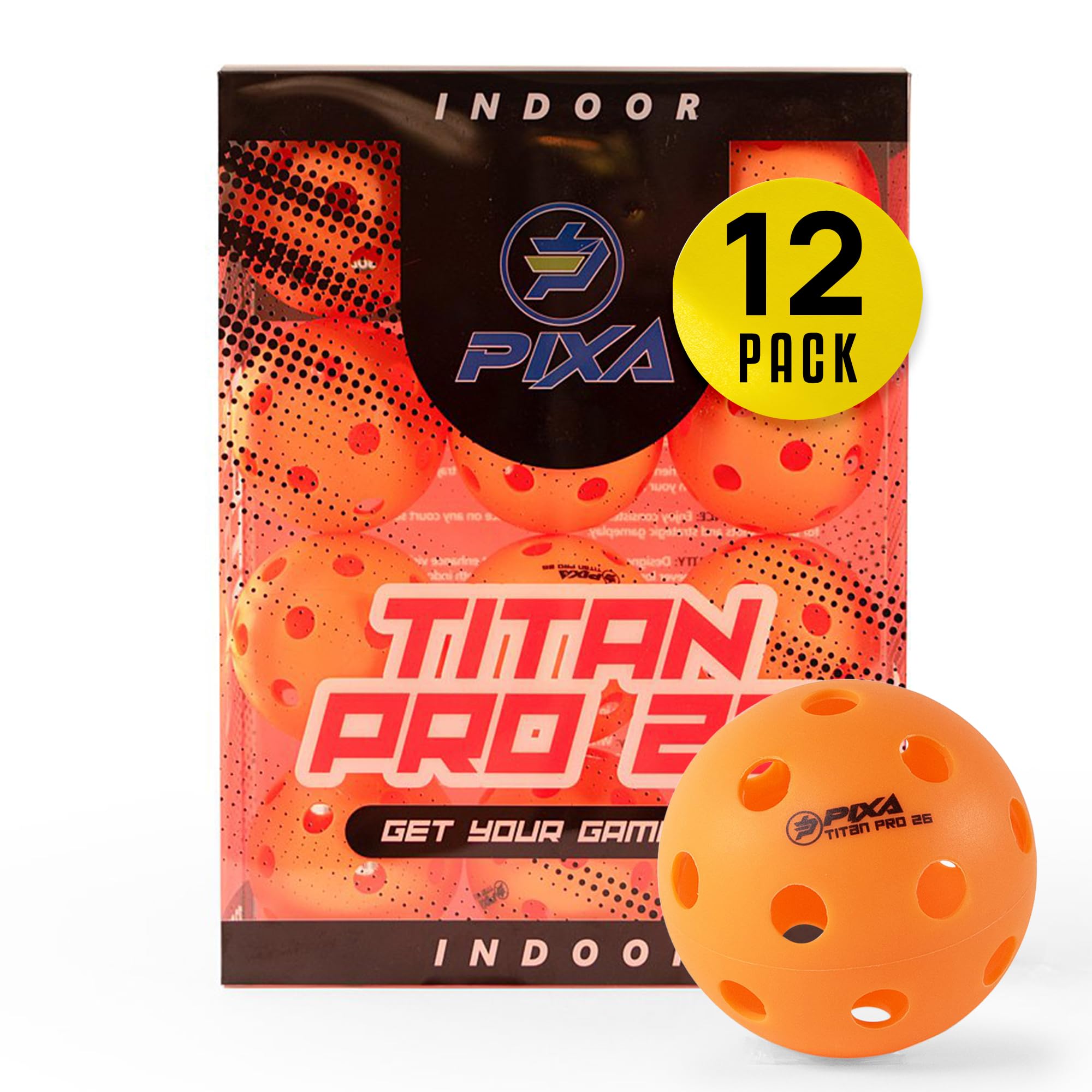 PIXA Titan Pro 26 front packaging showing 12-pack and tournament approval benefits