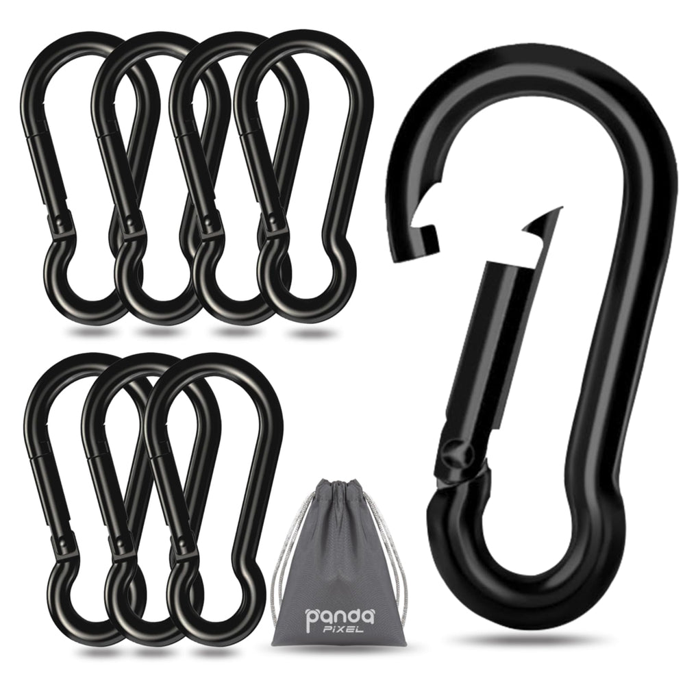 Pixel Panda front view of eight black carabiners showing compact pack and benefit of ready use