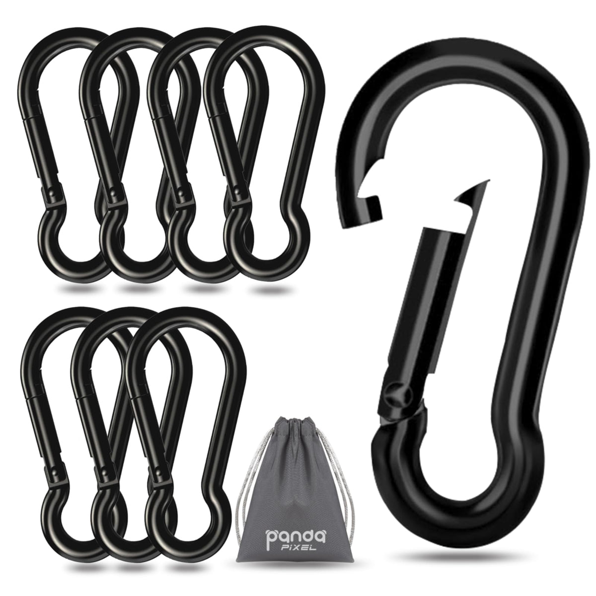 Pixel Panda front view of eight black carabiners showing compact pack and benefit of ready use