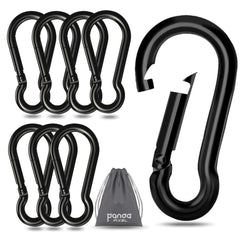 Pixel Panda front view of eight black carabiners showing compact pack and benefit of ready use