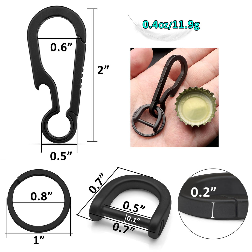 PJYTAC keychain with D-ring and split rings demonstrating quick-release organization