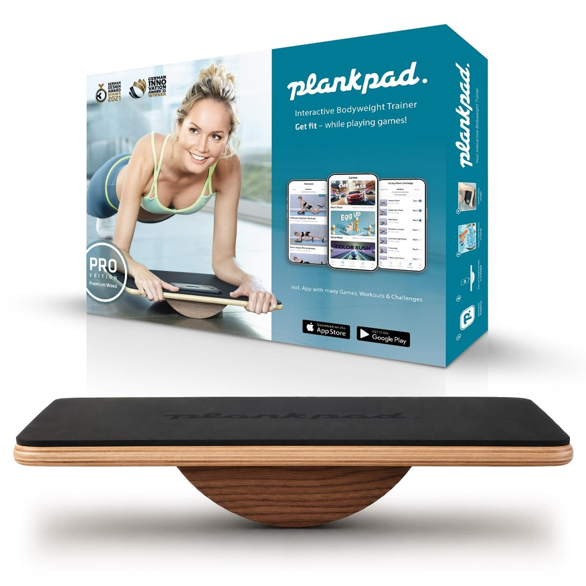 plankpad PRO front view showing sleek walnut finish and board stability